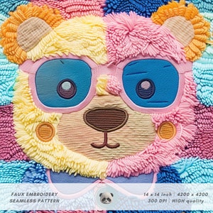 Peut inclure: Un motif de broderie fantaisie coloré représentant un ours de dessin animé portant des lunettes de soleil. Le motif est sans couture et peut être utilisé pour divers projets d'artisanat.