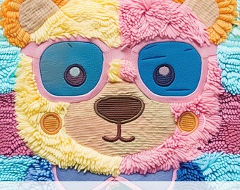 3d Teddy Bear in Sunglasses Seamless Pattern, Faux Embroidery Shaggy Fleece Fabric Design, Colorful Digital Paper Print, Bear Lovers Gift