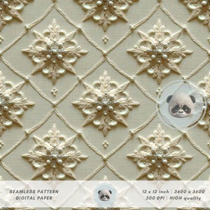 May include: Cream-colored seamless digital paper with a repeating pattern of stylized floral designs and diamond lattice. The design includes the text "SEAMLESS PATTERN DIGITAL PAPER" and the dimensions "12 x 12 inch".