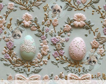 3d Vintage Easter Eggs Coquette Pink Bow Seamless Pattern, Floral Wreaths Faux Embroidery Digital Paper, Pastel Flowers, Elegant Spring File