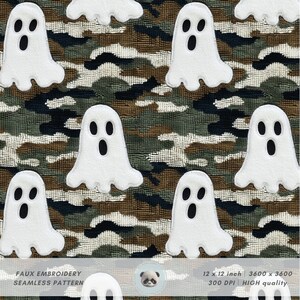 3d Khaki Camouflage Ghost Seamless Pattern, Faux Embroidery Halloween Fabric Sublimation, Autumn Prints, Spooky Season, Fall Digital Paper
