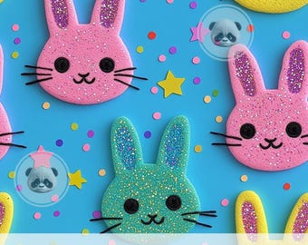 3d Glitter Easter Bunny Seamless Pattern, Colorful Spring Rabbit for Sublimation Design, Cute Nursery Animals Digital Paper, Kids Crafts