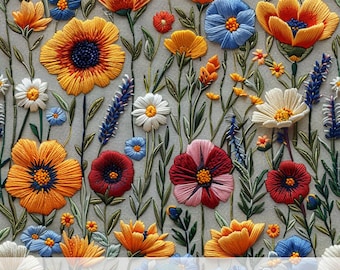 Estampado de flores silvestres boho en 3D, patrón floral botánico rústico sin costuras, archivo de repetición de bordado falso inspirado en la naturaleza para sublimación de tela