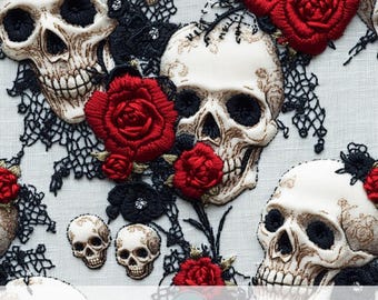3d Romantic Gothic Floral Skulls Seamless Pattern, Vintage Halloween Fabric Sublimation Design, Red Roses Digital Paper, Goth Girl Gift