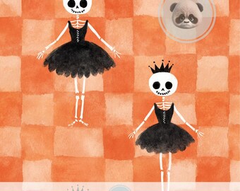 Skeleton Ballerina Watercolor Halloween Seamless Pattern, Spooky Cute Digital Paper for Girly Gothic Kids Party Printable, Autumn Crafts