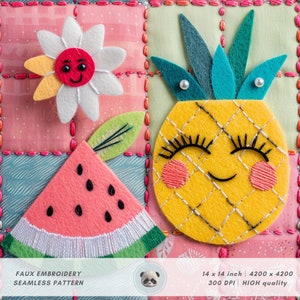 Op de afbeelding: Een digitale download van een naadloos patroon met een watermeloenpunt, een ananas en een bloem. Het patroon is ontworpen om eruit te zien als nep-borduurwerk met een gestikt effect. Het patroon is 14 inch bij 14 inch en heeft een resolutie van 300 DPI.