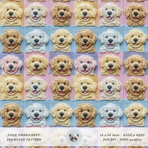 May include: A seamless pattern featuring a repeating design of embroidered dog faces in various colours, including pink, blue, yellow, and white. The dogs are all facing forward with their tongues sticking out. The pattern is perfect for use in crafting projects, such as fabric, wallpaper, or scrapbooking.