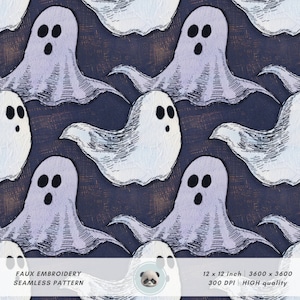 Fioletowy duch bezszwowy wzór, prezenty sublimacyjne, tkanina na Halloween DIY, nadruk upiornego sezonu, ciemny pastelowy papier cyfrowy z kreskówek, plik jesienny