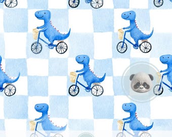 Watercolor Biking Blue Dino Seamless Pattern, Cute Dinosaur on Bicycle Digital Paper for Boys Nursery Fabric, Birthday Cards, Party Crafts