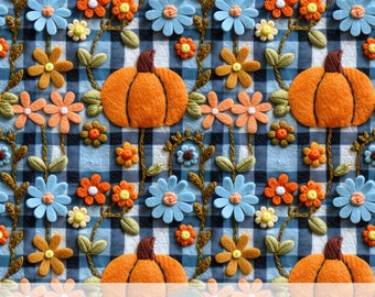 Outono floral 3D, padrão sem costura bordado em feltro sintético, papel digital de flanela xadrez, álbum de recortes de Ação de Graças, arquivo xadrez, cottagecore aconchegante