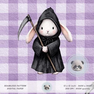 May include: A whimsical illustration of a white rabbit dressed in a black hooded robe, holding a scythe. The rabbit has a bow tie and is set against a purple gingham pattern. The image includes text that reads "SEAMLESS PATTERN DIGITAL PAPER".