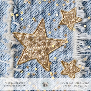 May include: A seamless pattern featuring gold glitter stars on a light blue denim background. The stars are faux embroidered and have a sparkly texture. The pattern is 12 inches by 12 inches and is 3600 pixels by 3600 pixels.