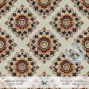 May include: Seamless digital paper featuring a repeating pattern of ornate, floral-like medallions in shades of brown, tan, and dark grey on a light green background. The pattern is 30.48 x 30.48 cm and has a high quality resolution.