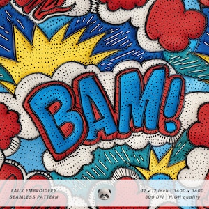 Puede incluir: Un patrón sin costuras que presenta un "BAM!" de estilo cómic bordado en falso con colores rojo, azul, amarillo y blanco. El patrón mide 30,48 cm por 30,48 cm y 300 DPI.