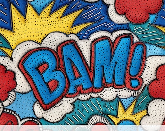 3d BAM! Speech Bubble Seamless Pattern, Faux Haft Efekt Tkaniny Sublimacja, Cartoon Action Word, Pop Art Comic Style, Game Lover Gift