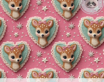 3d Cute Deer Seamless Digital Paper, Woodland Christmas Repeating Pattern, Retro Fawn Fabric Design, Kids Holiday Nursery Pink Background