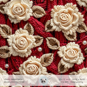 Peut inclure: Un motif sans couture représentant des roses blanches et des feuilles brodées sur un fond en tricot rouge. Le motif mesure 30,48 cm sur 30,48 cm et 3600 pixels sur 3600 pixels.