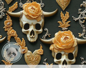 3d Gothic Cow Skull Seamless Pattern, Faux Embroidered Western Digital Paper, Dark Boho Craft Supply, POD File, Cowgirl Printable Scrapbook