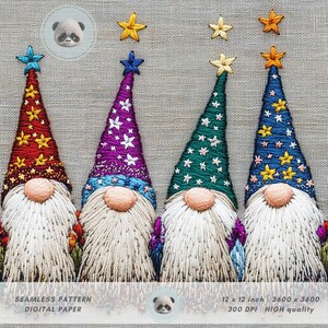 May include: Embroidered image of four gnomes with long white beards and colorful pointed hats. Each gnome has a different hat color: red, purple, green, and blue, each adorned with embroidered stars. The image is labeled "SEAMLESS PATTERN DIGITAL PAPER" and is 12 x 12 inches.