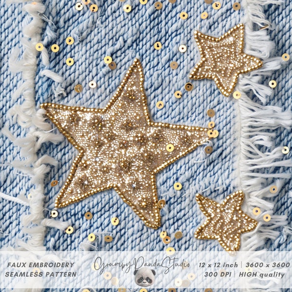 3d Glitter Gold Star on Denim Seamless Pattern, Sequins Faux Embroidery for Fabric Sublimation, Fringed Bleached Jeans, Repeating File Print