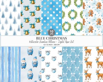 Blue Christmas Digital Paper Set, Watercolor Santa Seamless Pattern Pack for Junk Journal, Holiday Scrapbooking & Winter Crafts
