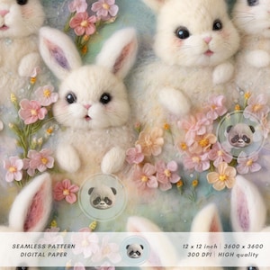 May include: A seamless digital paper pattern featuring white fluffy bunnies surrounded by delicate pink and white flowers on a light blue background. The pattern is 3600 x 3600 pixels and 300 DPI.