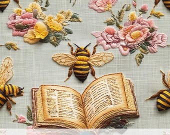 3d Book Lover Floral Bee Print, Vintage Book Embroidery Effect Seamless Pattern, Readers Fabric Sublimation Design, Bookish Spring Scrapbook