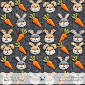 Puede incluir: Un patrón sin costuras con conejos y zanahorias bordadas sobre un fondo de punto gris. Los conejos son grises y marrones con detalles blancos, y las zanahorias son naranjas con puntas verdes.