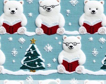 May include: A seamless pattern digital paper featuring white polar bears wearing glasses and reading red books, with a green Christmas tree and white snowflakes on a light blue background.