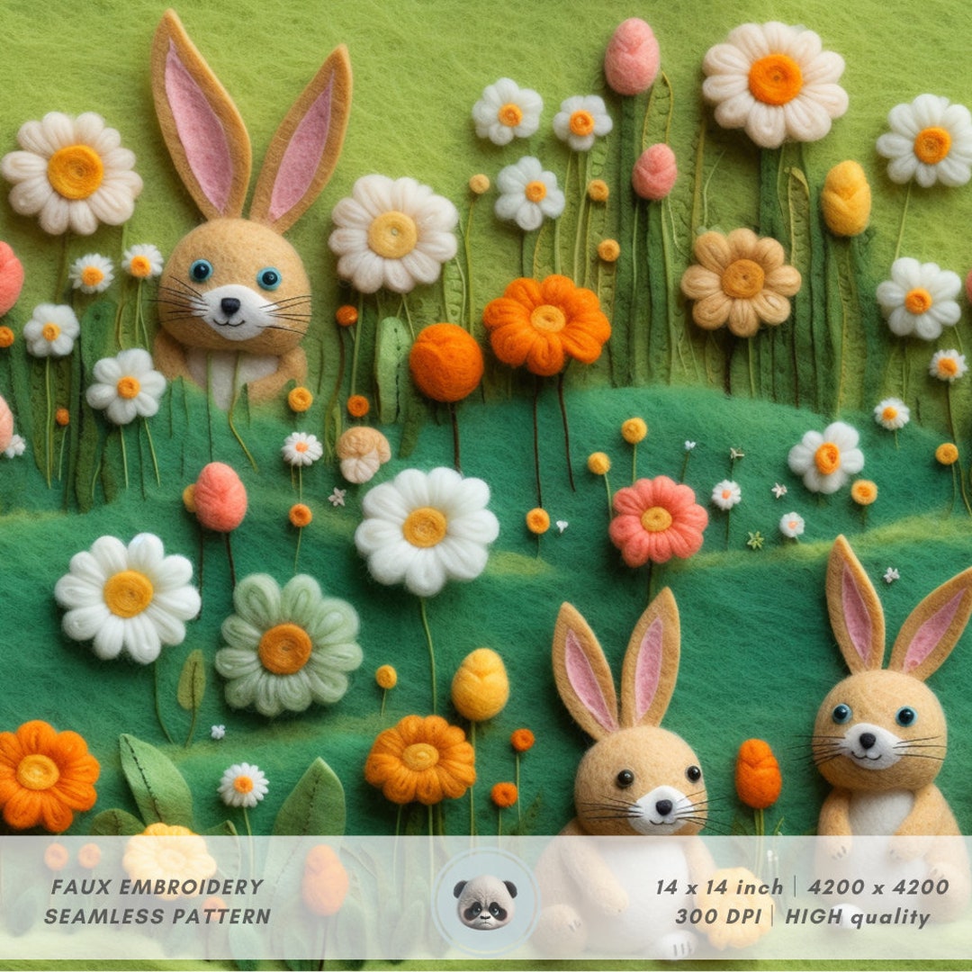 3d Felt Bunny Seamless File, Faux Embroidery Bunnies Fabric Sublimation ...