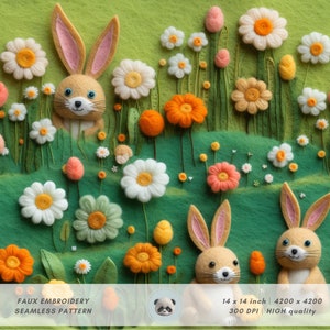 May include: A seamless pattern featuring faux embroidery of bunnies and flowers in a spring meadow. The design includes tan bunnies with pink ears, and various flowers in white, orange, and pink. The text "FAUX EMBROIDERY SEAMLESS PATTERN" is at the bottom. The image is 14 x 14 inches.
