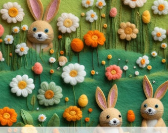 3d Felt Bunny Seamless File, Faux Embroidery Bunnies Fabric Sublimation Design, Printable Felted Wool Patterns, Digital Instant Download