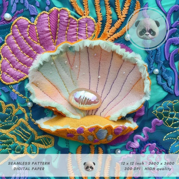 3d Oyster Shell With Fresh Pearl Seamless Pattern, Faux Embroidery