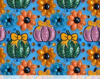 3d Glitter Coquette Pumpkin, Faux Embroidery Seamless Pattern, Cute Daisy Flower, Starry Background, Fall Cottagecore Garden Lovers Gift