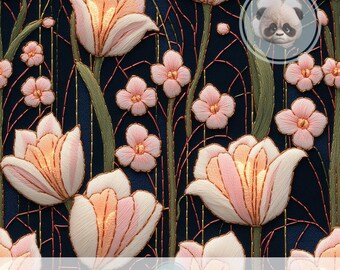 3d Art Nouveau Tulip Seamless Pattern, Faux Embroidered Dark Floral Digital Paper, Moody Botanical Fabric for Printable Scrapbook & Journals