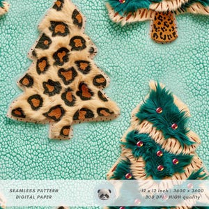 May include: Seamless pattern digital paper featuring a repeating design of Christmas trees with a teal background. The trees are decorated with faux fur in leopard print, green and cream fur, and red beads.