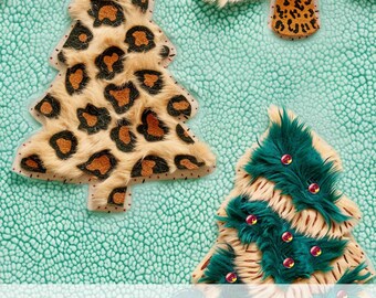 3d Faux Fur Leopard Christmas Tree Print, Fluffy Texture Seamless Pattern, Xmas Fabric Sublimation Design, Cute Animal Scrapbook Paper File