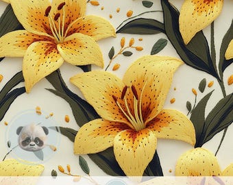 Gelbe Lilie-nahtloses Muster 3d, Stickerei-Beschaffenheits-Blumen-Digital-Papier für Frühlingsdekor, Sommer-Sammelalbum, DIY-Hochzeit lädt ein