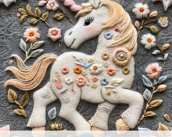 3d Felt Unicorn Seamless Pattern, Faux Embroidery Floral Felt Fabric Sublimation Design, Cute Horse, Repeating File, Girly Digital Paper