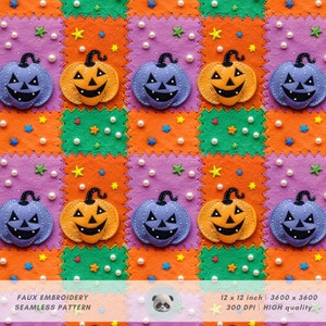 May include: A seamless pattern featuring a repeating design of orange and purple felt pumpkins with smiling faces, surrounded by white pearl beads and small yellow stars on a patchwork background of green, orange, and purple felt squares.