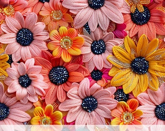 3d Vibrant Daisy Seamless Floral Pattern, Faux Embroidery for Fabric Sublimation, Sparkly Digital Scrapbook Paper Print, Nature Lover Gift