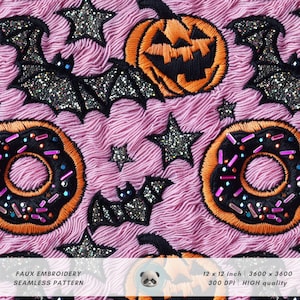 3D niedlichen Donut glitzernde Fledermäuse Faux Stickerei Nahtlose Muster, Glitter Bead Sprinkle, Halloween Jack O Lantern Digital Paper, Surface Design
