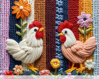 Arquivo sem costura de galinha e galo em malha 3D, design de sublimação de tecido com listras retrô e bordado falso, impressão de padrão de tricô, download digital