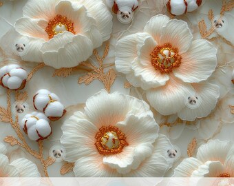 3d White Peony and Cotton Flower Seamless Pattern, Neutral Rustic Floral Digital Paper, DIY Vintage Farmhouse Wedding Scrapbook Background