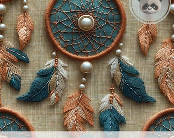 3d Boho Traumfänger Musterdesign, gestickte Effekt Feder Digitales Papier für spirituelles Scrapbook, DIY rustikales Dekor, Stoff-Handwerk