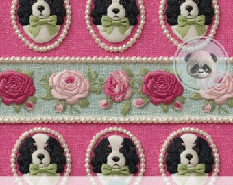3d Cavalier King Charles Spaniel Seamless Digital Paper, Preppy Dog Floral Fabric, Southern Belle Decor, Pink and Green Stripe Background