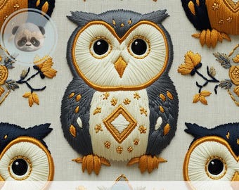 3d Folk Owl Seamless Pattern Embroidery Effect, Bird Digital Paper, Woodland Animal Background for Scrapbook, Sublimation, Nursery Decor
