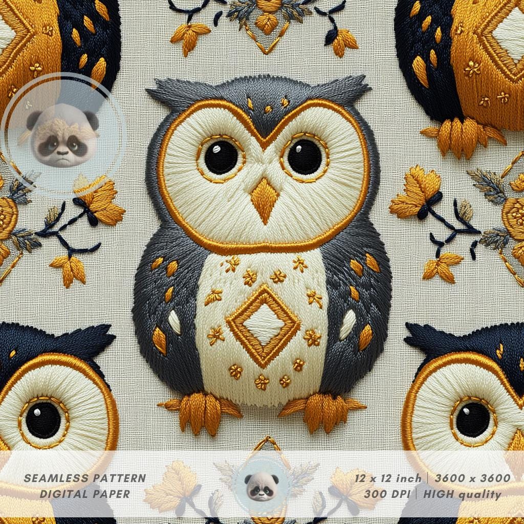 3d Folk Owl Seamless Pattern Embroidery Effect, Bird Digital Paper, Woodland Animal Background for S