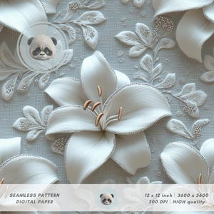 Pode incluir: Um padrão de papel digital sem costura com flores brancas texturizadas e detalhes prateados sobre um fundo azul claro. O design inclui pétalas e folhas detalhadas, com o texto "SEAMLESS PATTERN DIGITAL PAPER" e dimensões de 30.48 x 30.48 cm.
