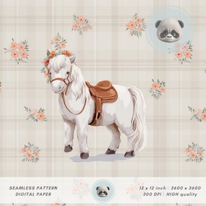 May include: Watercolor illustration of a white pony with a brown saddle and floral crown. The pony is set against a beige plaid background with scattered peach-colored floral accents. The image is labeled as a seamless digital paper pattern.